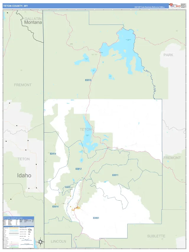 Teton County, WY ZIP Code Wall Map, Business Reference style