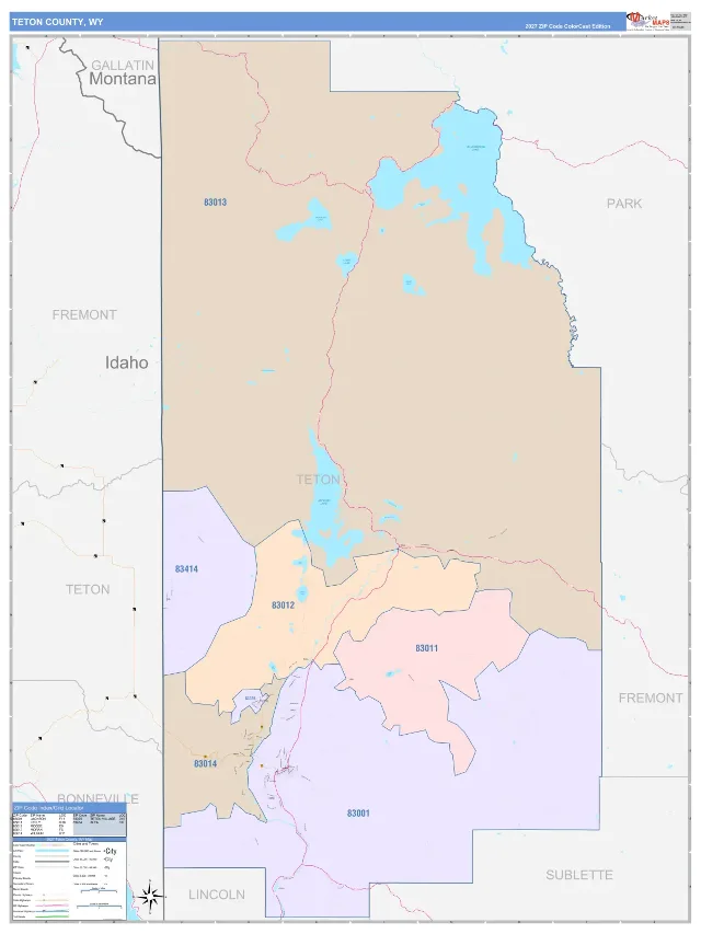 Teton County, WY ZIP Code Wall Map, ColorCast style