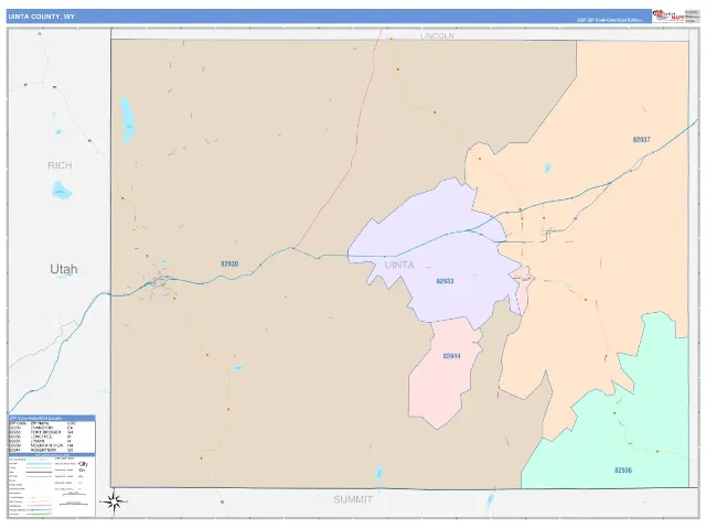 Uinta County, WY ZIP Code Wall Map, ColorCast style