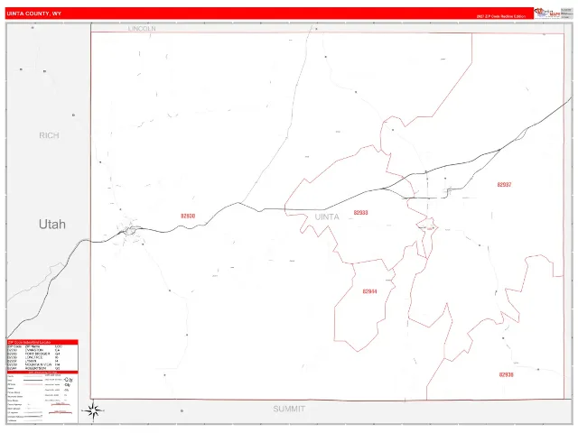 Uinta County, WY ZIP Code Wall Map, RedLine style