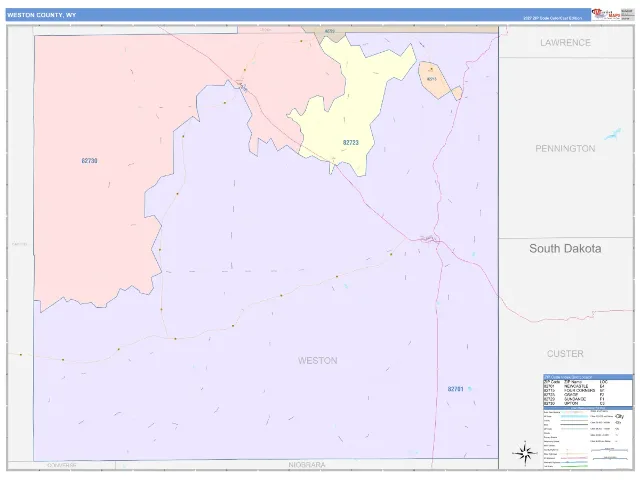 Weston County, WY ZIP Code Wall Map, ColorCast style