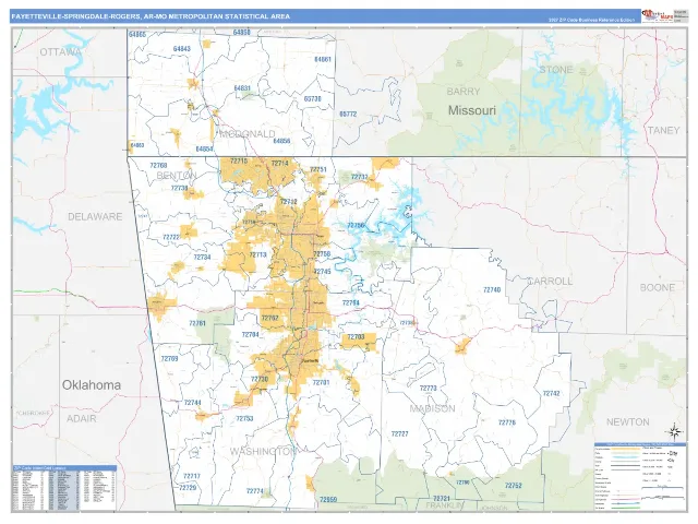 Fayetteville-Springdale-Rogers Metro Area ZIP Code Wall Map, Business Reference style