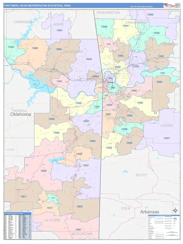 Fort Smith Metro Area ZIP Code Wall Map, ColorCast style