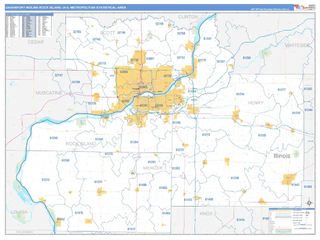 Davenport-Moline-Rock Island Metro Area ZIP Code Wall Map, Business Reference style