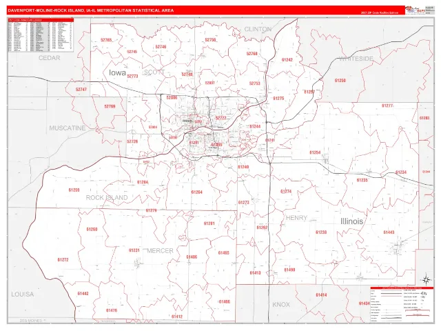 Davenport-Moline-Rock Island Metro Area ZIP Code Wall Map, RedLine style