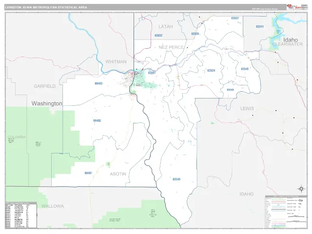 Lewiston Metro Area ZIP Code Wall Map, Classic style