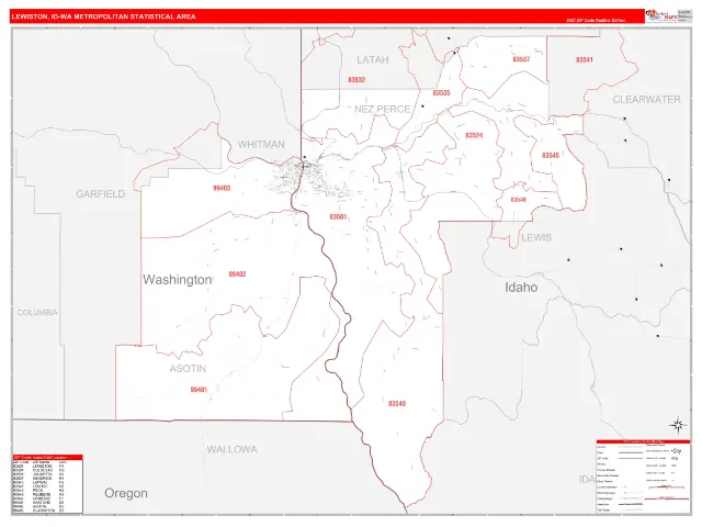 Lewiston Metro Area ZIP Code Wall Map, RedLine style