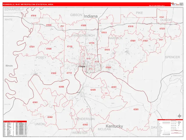Evansville-Henderson Metro Area ZIP Code Wall Map, RedLine style
