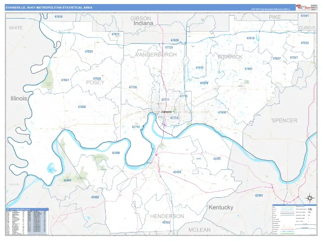 Evansville Metro Area ZIP Code Wall Map, Business Reference style