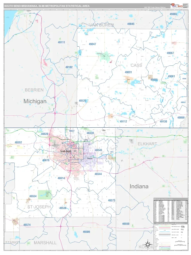 South Bend-Mishawaka Metro Area ZIP Code Wall Map, Classic style