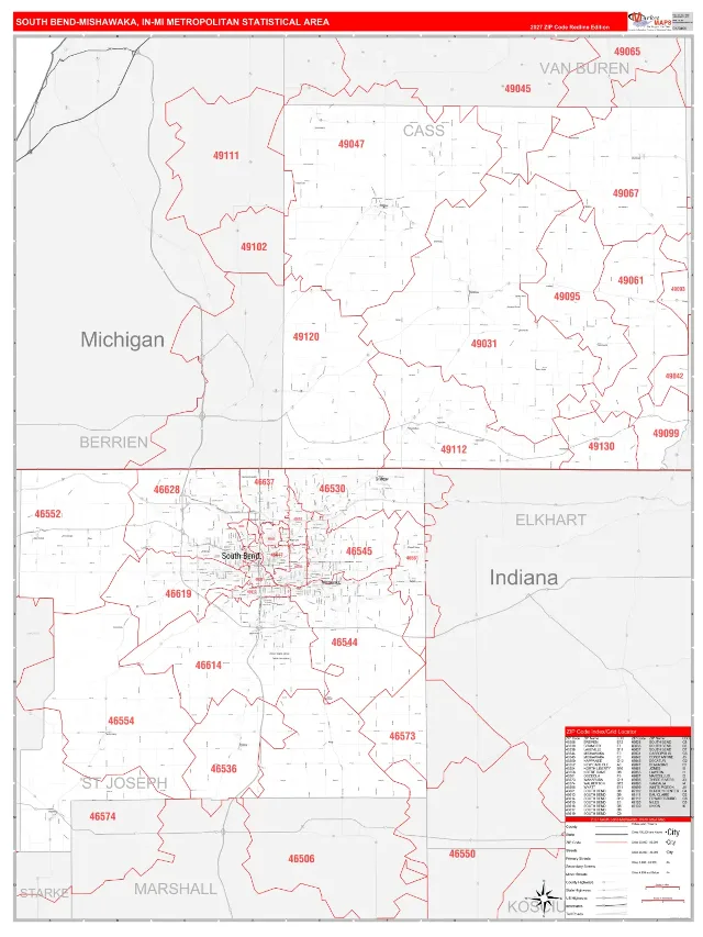 South Bend-Mishawaka Metro Area ZIP Code Wall Map, RedLine style