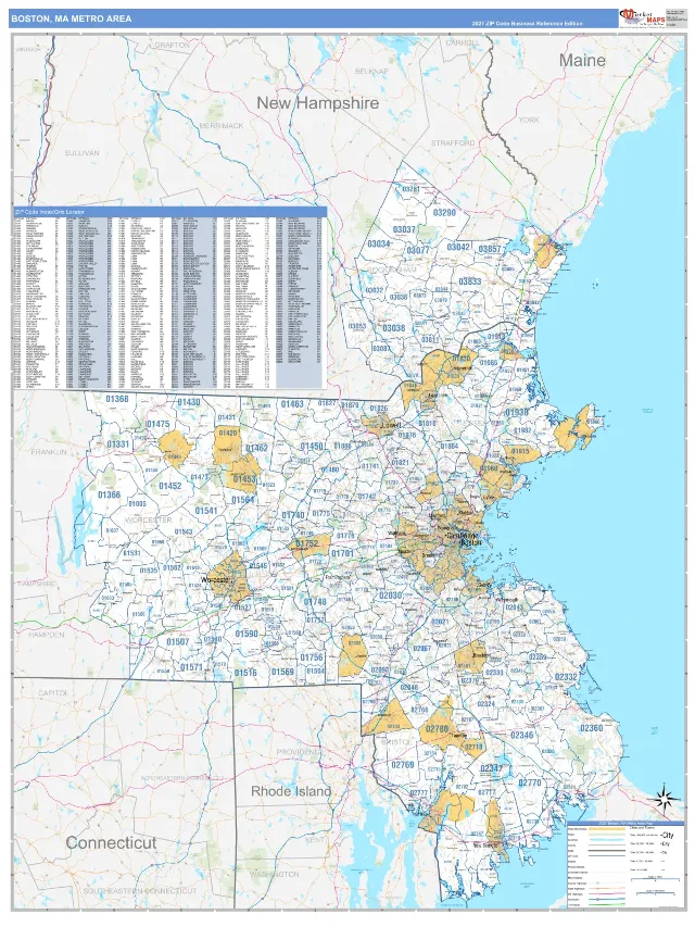 Boston-Cambridge-Newton Metro Area ZIP Code Wall Map, Business Reference style