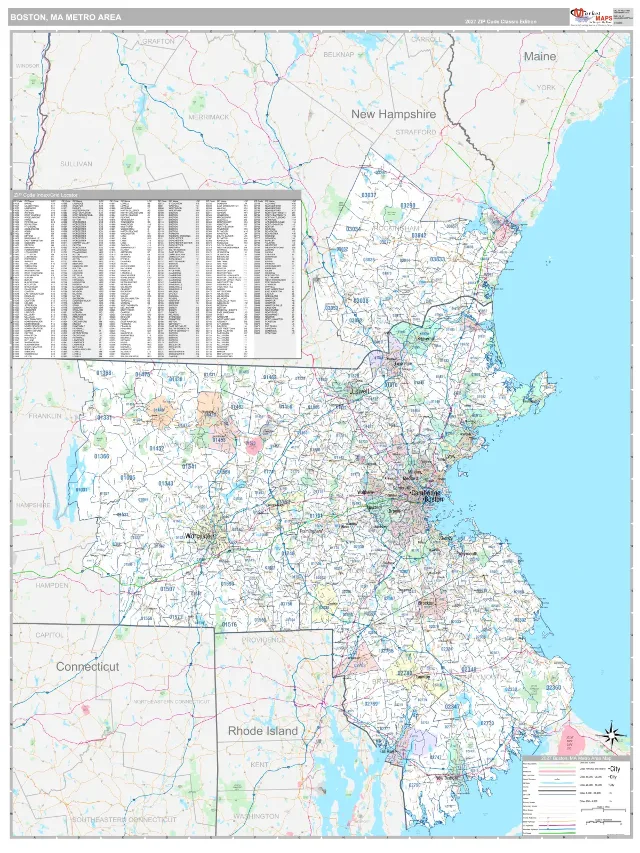 Boston-Cambridge-Newton Metro Area ZIP Code Wall Map, Classic style