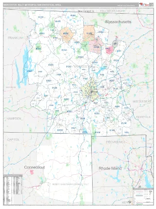 Worcester Metro Area Classic style ZIP Code wall map