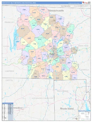 Worcester Metro Area ColorCast style ZIP Code wall map