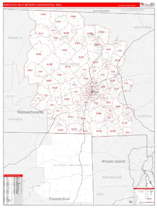Worcester Metro Area RedLine style ZIP Code wall map