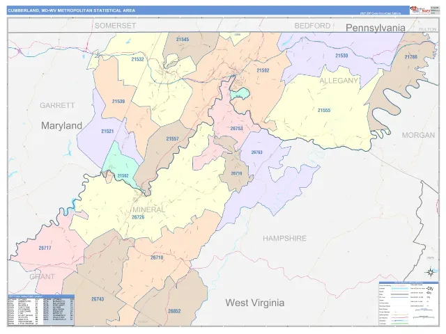 Cumberland Metro Area ZIP Code Wall Map, ColorCast style