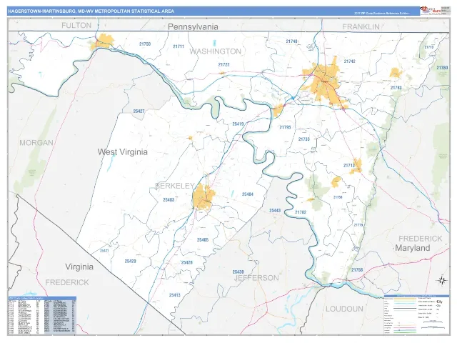 Hagerstown-Martinsburg Metro Area ZIP Code Wall Map, Business Reference style