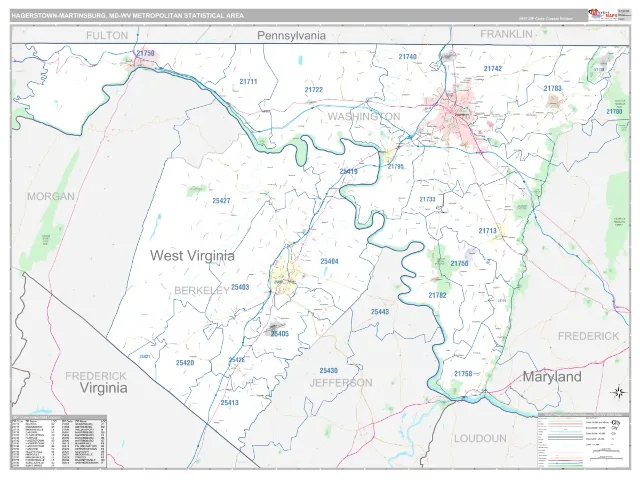 Hagerstown-Martinsburg Metro Area ZIP Code Wall Map, Classic style