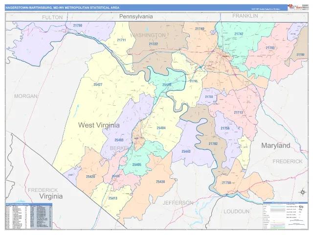 Hagerstown-Martinsburg Metro Area ZIP Code Wall Map, ColorCast style