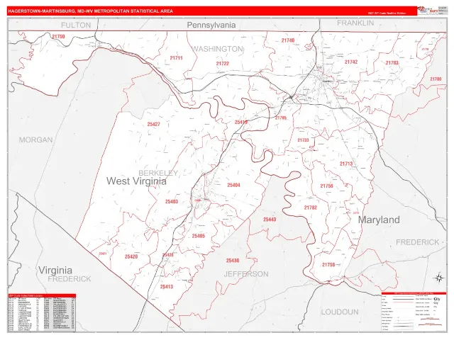 Hagerstown-Martinsburg Metro Area ZIP Code Wall Map, RedLine style