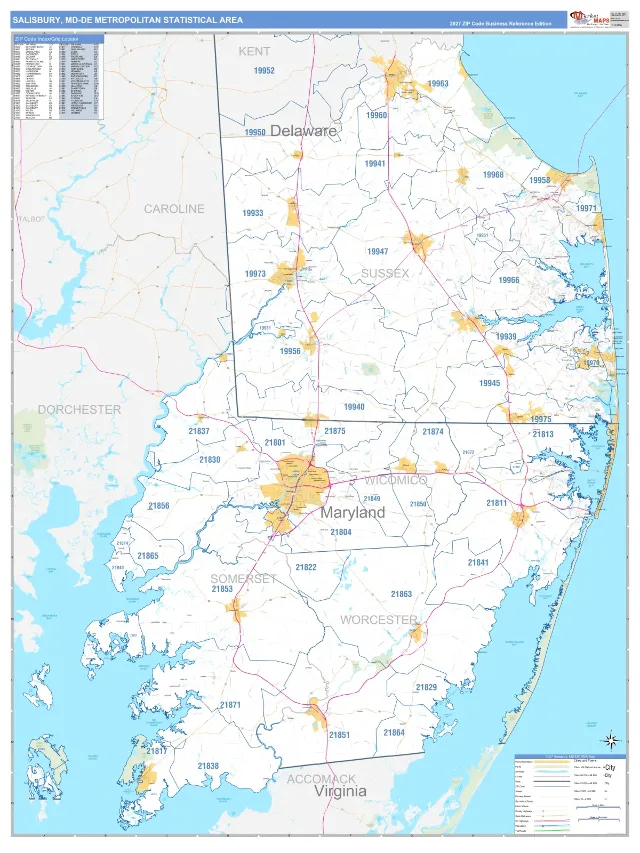 Salisbury Metro Area ZIP Code Wall Map, Business Reference style