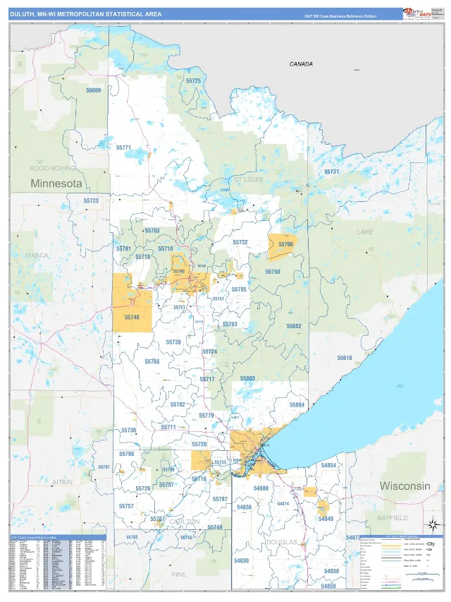 Duluth Metro Area ZIP Code Wall Map, Business Reference style