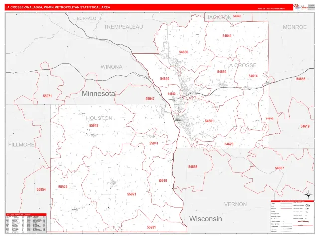La Crosse-Onalaska Metro Area ZIP Code Wall Map, RedLine style