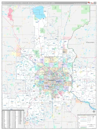 Minneapolis-St. Paul-Bloomington Metro Area Classic style ZIP Code wall map