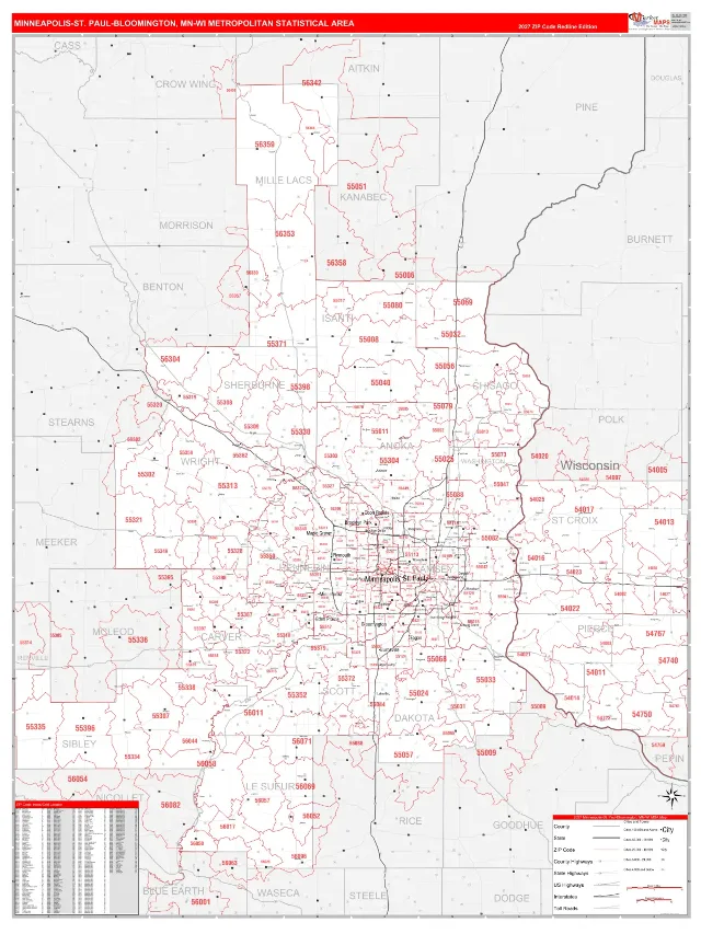 Minneapolis-St. Paul-Bloomington Metro Area ZIP Code Wall Map, RedLine style