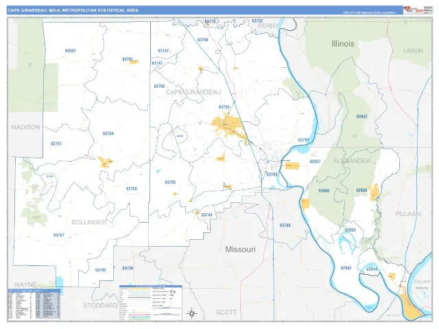 Cape Girardeau Metro Area ZIP Code Wall Map, Business Reference style