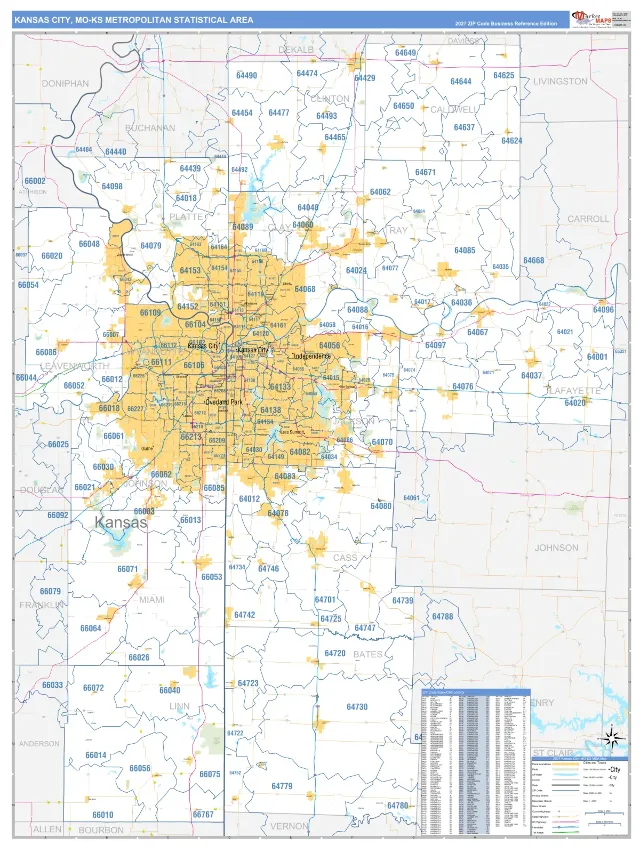 Kansas City Metro Area ZIP Code Wall Map, Business Reference style