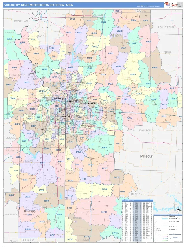 Kansas City Metro Area ZIP Code Wall Map, ColorCast style
