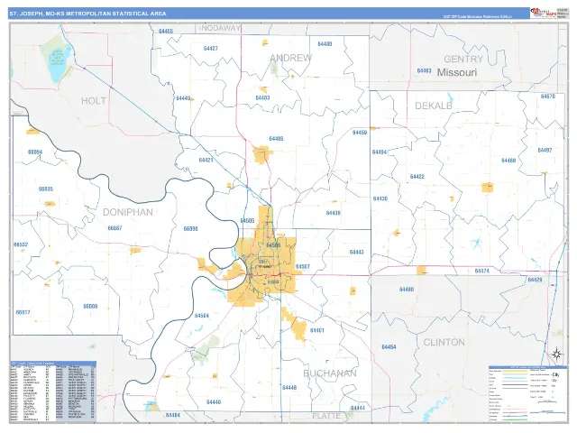 St. Joseph Metro Area ZIP Code Wall Map, Business Reference style