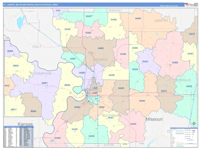 St. Joseph Metro Area ZIP Code Wall Map, ColorCast style