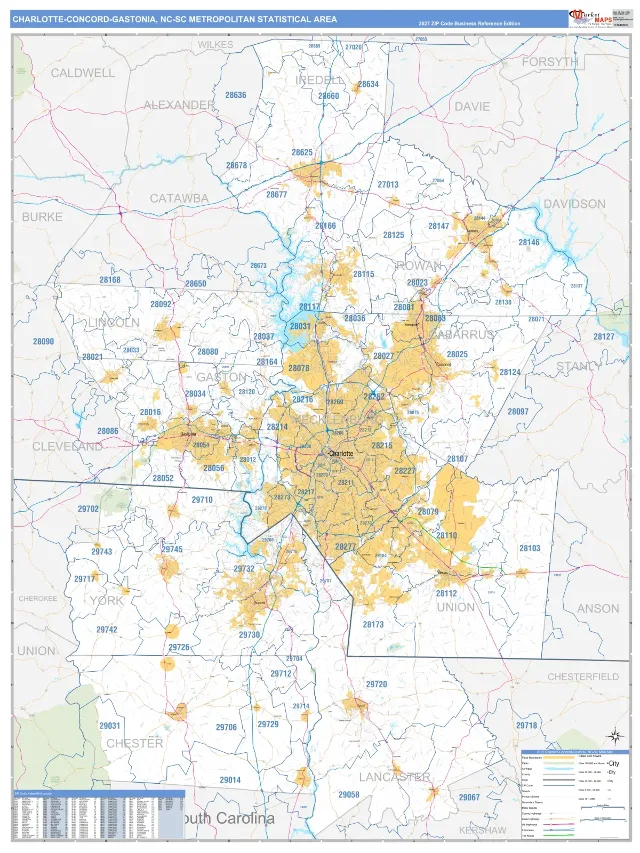 Charlotte-Concord-Gastonia Metro Area ZIP Code Wall Map, Business Reference style