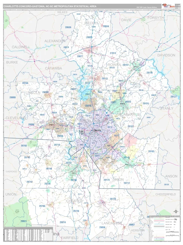 Charlotte-Concord-Gastonia Metro Area ZIP Code Wall Map, Classic style