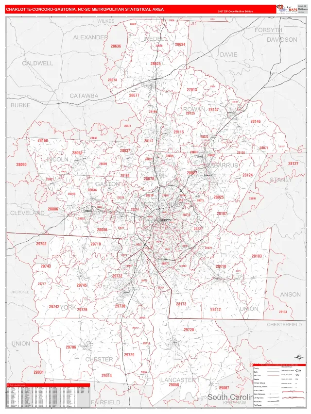 Charlotte-Concord-Gastonia Metro Area ZIP Code Wall Map, RedLine style