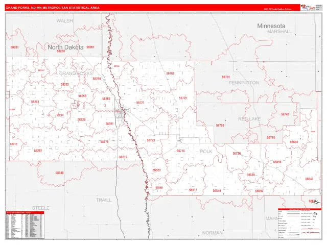 Grand Forks Metro Area ZIP Code Wall Map, RedLine style