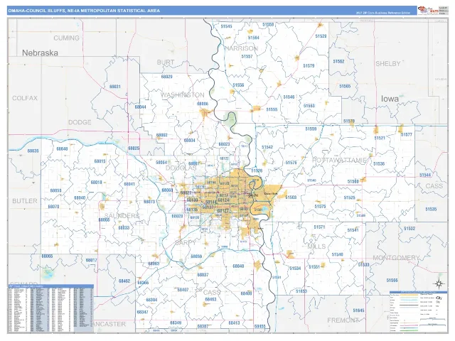 Omaha-Council Bluffs Metro Area ZIP Code Wall Map, Business Reference style