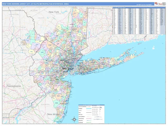 New York-Newark-Jersey City Metro Area ZIP Code Wall Map, ColorCast style