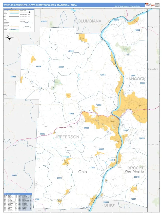 Weirton-Steubenville Metro Area ZIP Code Wall Map, Business Reference style