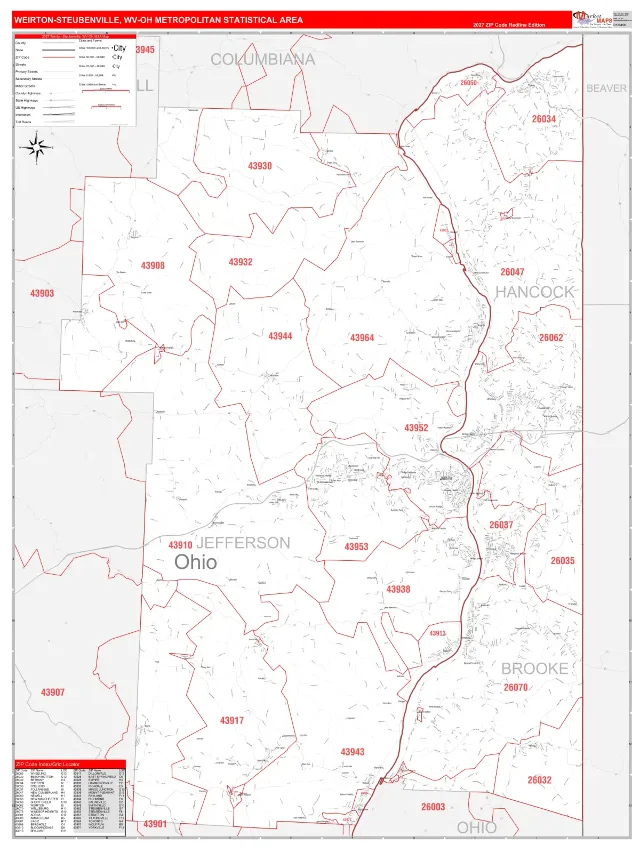 Weirton-Steubenville Metro Area ZIP Code Wall Map, RedLine style