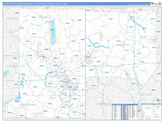 Youngstown-Warren-Boardman Metro Area ZIP Code Wall Map, Business Reference style