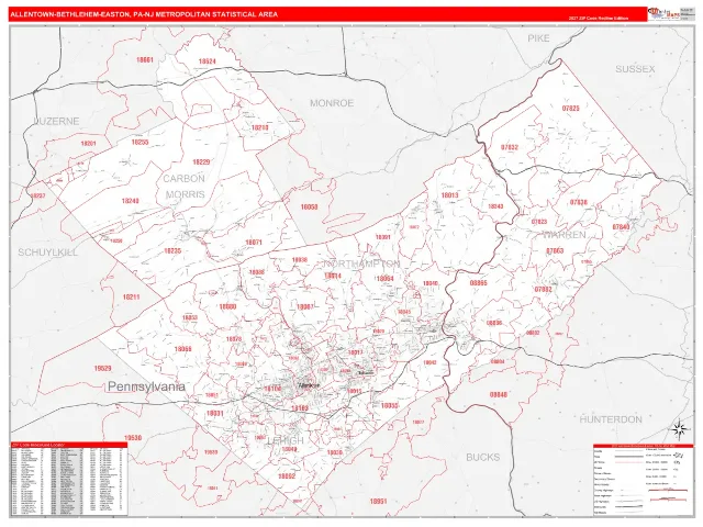 Allentown-Bethlehem-Easton Metro Area ZIP Code Wall Map, RedLine style