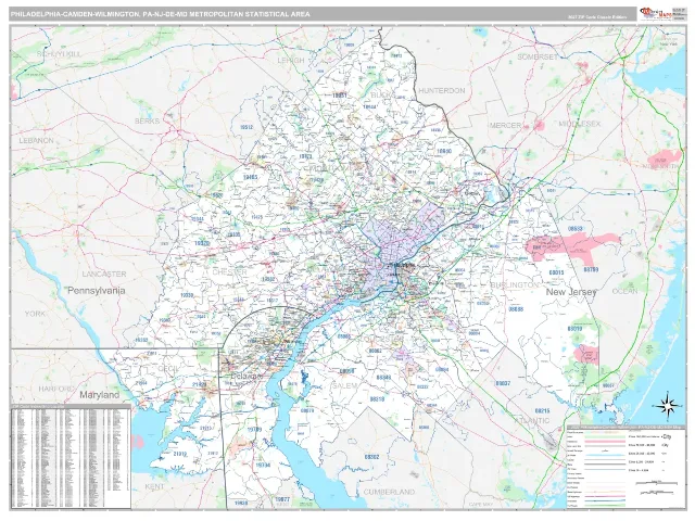 Philadelphia-Camden-Wilmington Metro Area ZIP Code Wall Map, Classic style