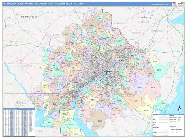 Philadelphia-Camden-Wilmington Metro Area ZIP Code Wall Map, ColorCast style
