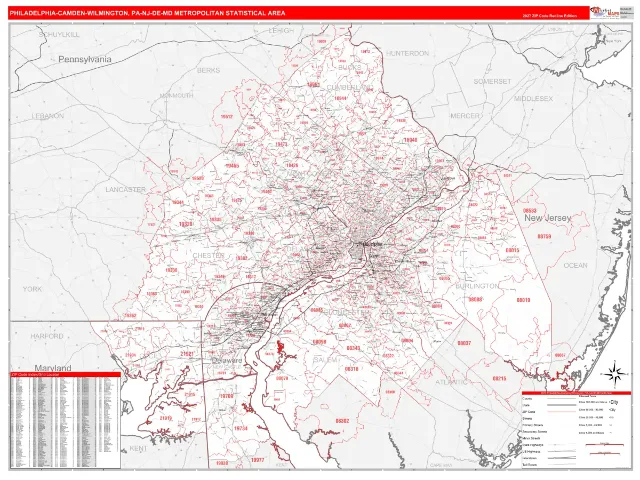 Philadelphia-Camden-Wilmington Metro Area ZIP Code Wall Map, RedLine style