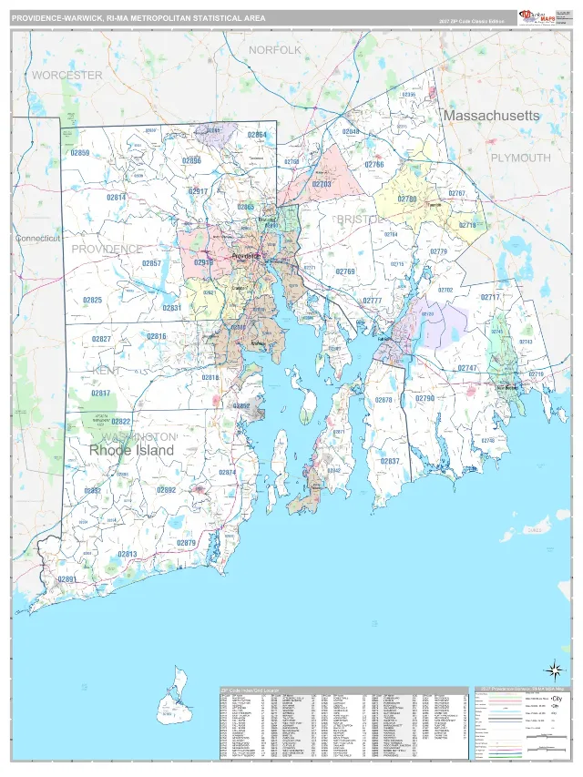 Providence-Warwick Metro Area ZIP Code Wall Map, Classic style