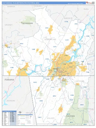 Chattanooga Metro Area Business Reference style ZIP Code wall map